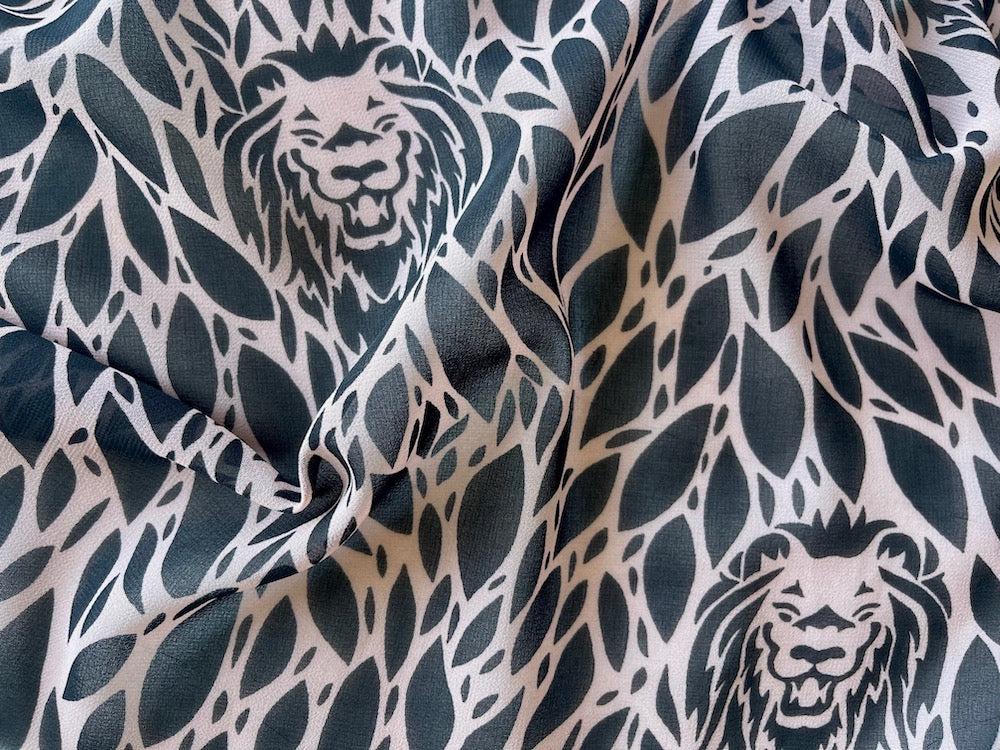Fabulous Onyx & Dusted Mauve Lion Heads Polyester Chiffon (Made in Italy)