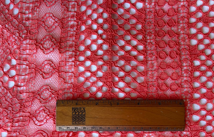 Saturated Coral Rouge Striped & Scalloped Rayon Blend Lace Fabric