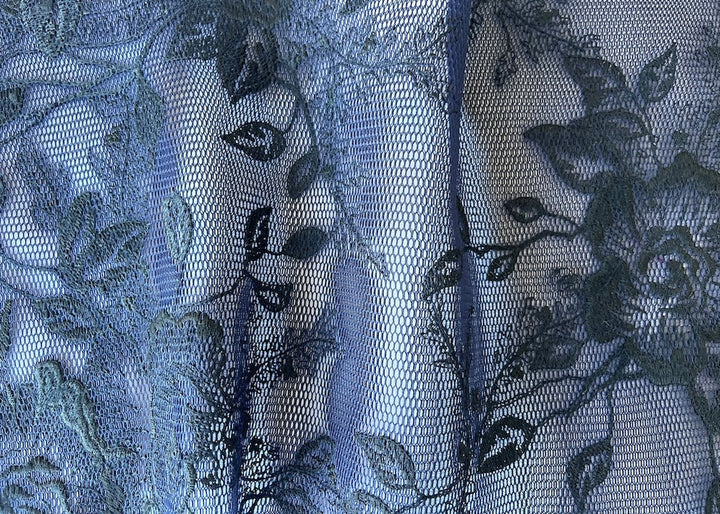 Mid-Weight Embroidered Obsidian Flowers on Midnight Navy Nylon Scuba Mesh