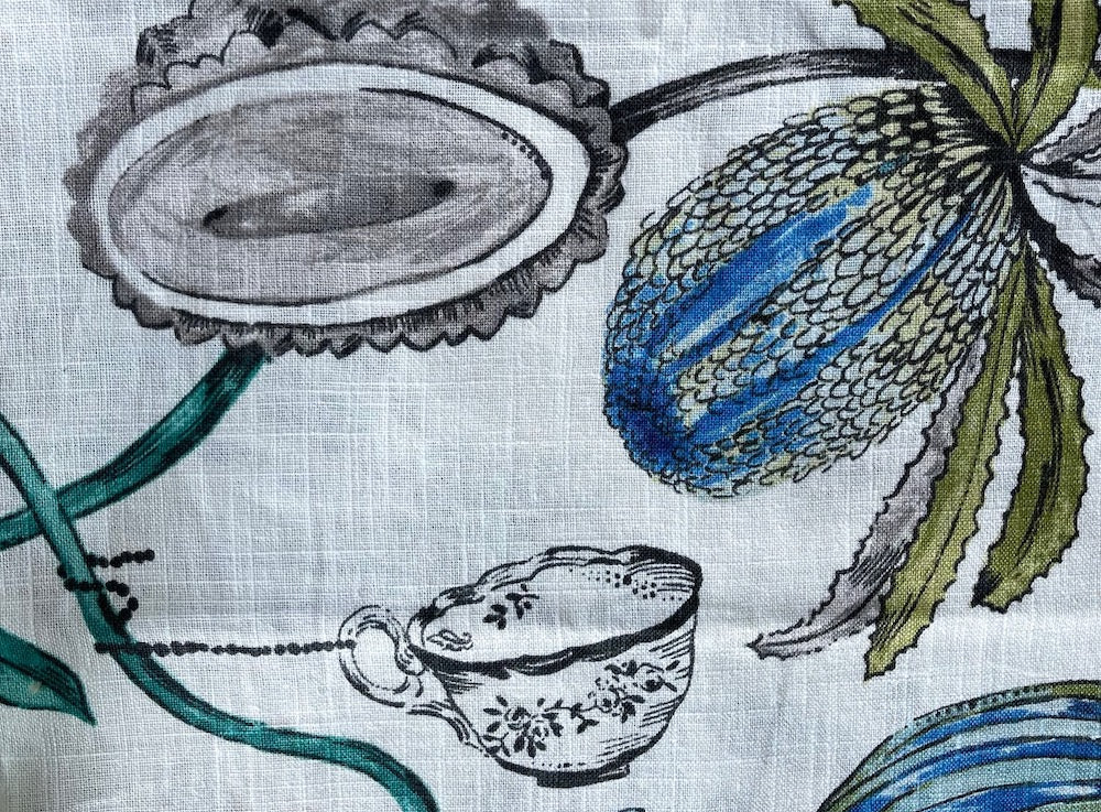 Quirky Kelp, Seagrass, Sargassum & Teacups Linen & Viscose Blend (Made in England)