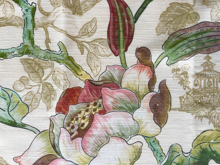 Asian-Inspired Toile With Lush Peonies & Furled Flowers Linen (Made in England)