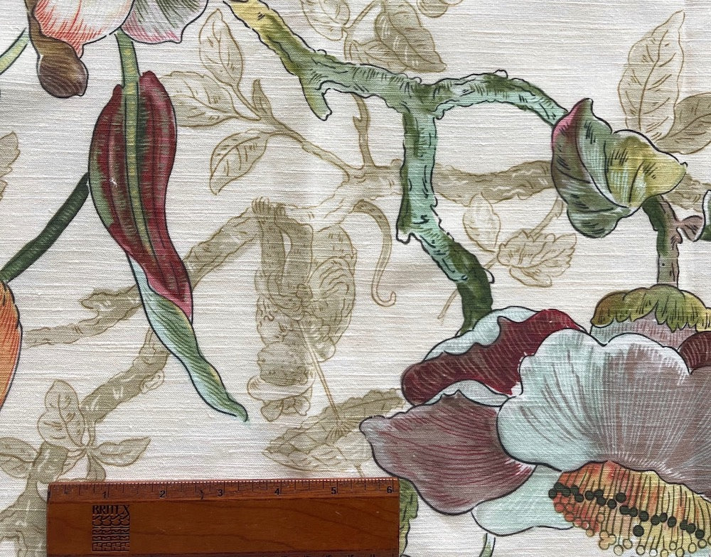 Asian-Inspired Toile With Lush Peonies & Furled Flowers Linen (Made in England)