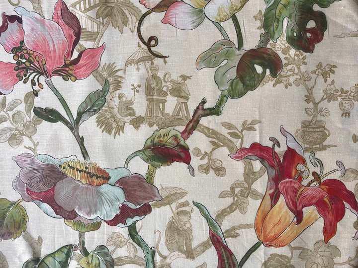 Asian-Inspired Toile With Lush Peonies & Furled Flowers Linen (Made in England)