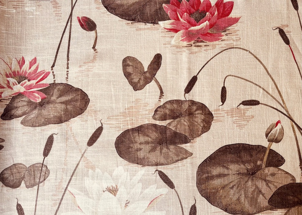 Gently Floating Salmon Water Lilies Linen & Viscose blend (Made in England)