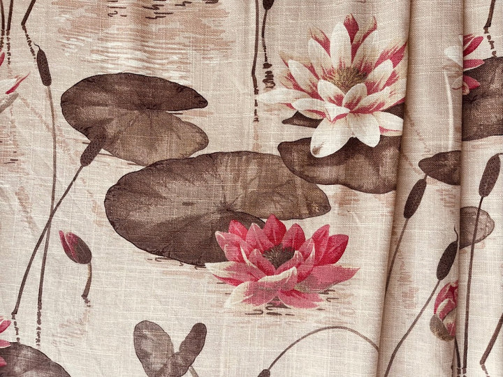 Gently Floating Salmon Water Lilies Linen & Viscose blend (Made in England)