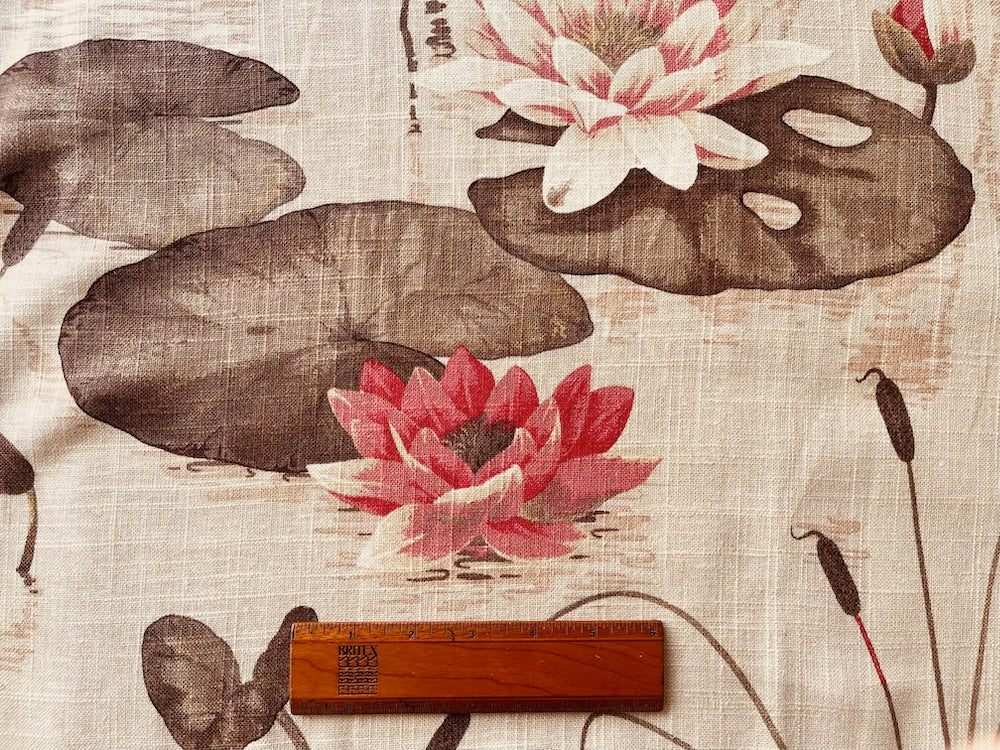 Gently Floating Salmon Water Lilies Linen & Viscose blend (Made in England)