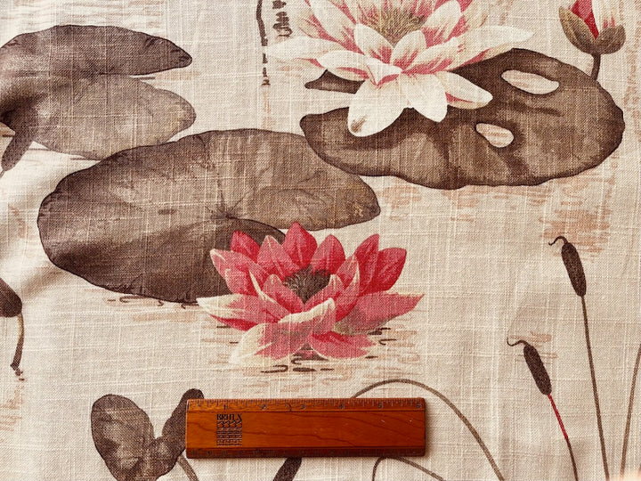 Gently Floating Salmon Water Lilies Linen & Viscose blend (Made in England)