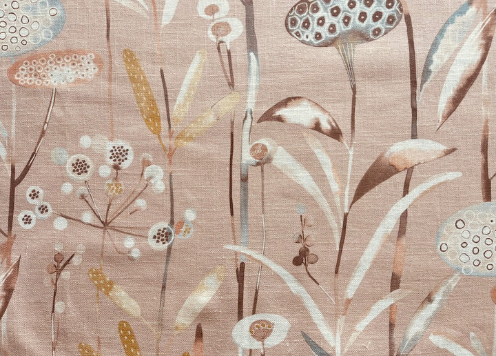 Quirky Lotus Pods & Foliage on Rosy Bisque  Linen & Viscose Blend (Made in England)