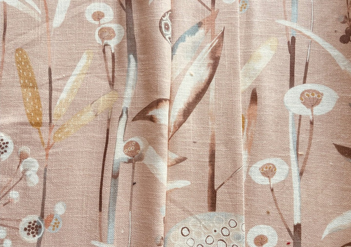Quirky Lotus Pods & Foliage on Rosy Bisque  Linen & Viscose Blend (Made in England)