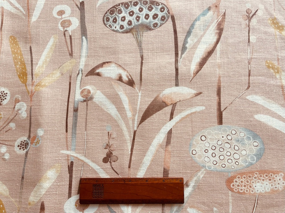 Quirky Lotus Pods & Foliage on Rosy Bisque  Linen & Viscose Blend (Made in England)