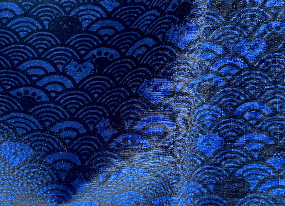 Textured Seigaiha Sea of Cats Cobalt Cotton (Made in Japan)