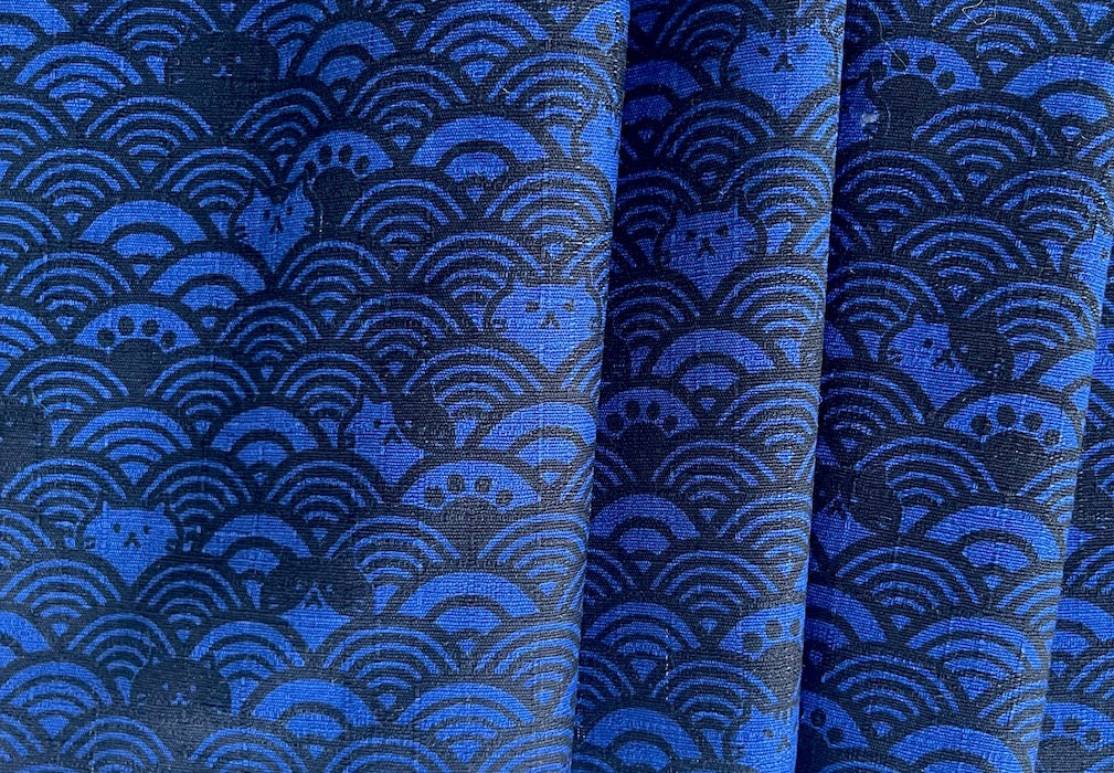 Textured Seigaiha Sea of Cats Cobalt Cotton (Made in Japan)