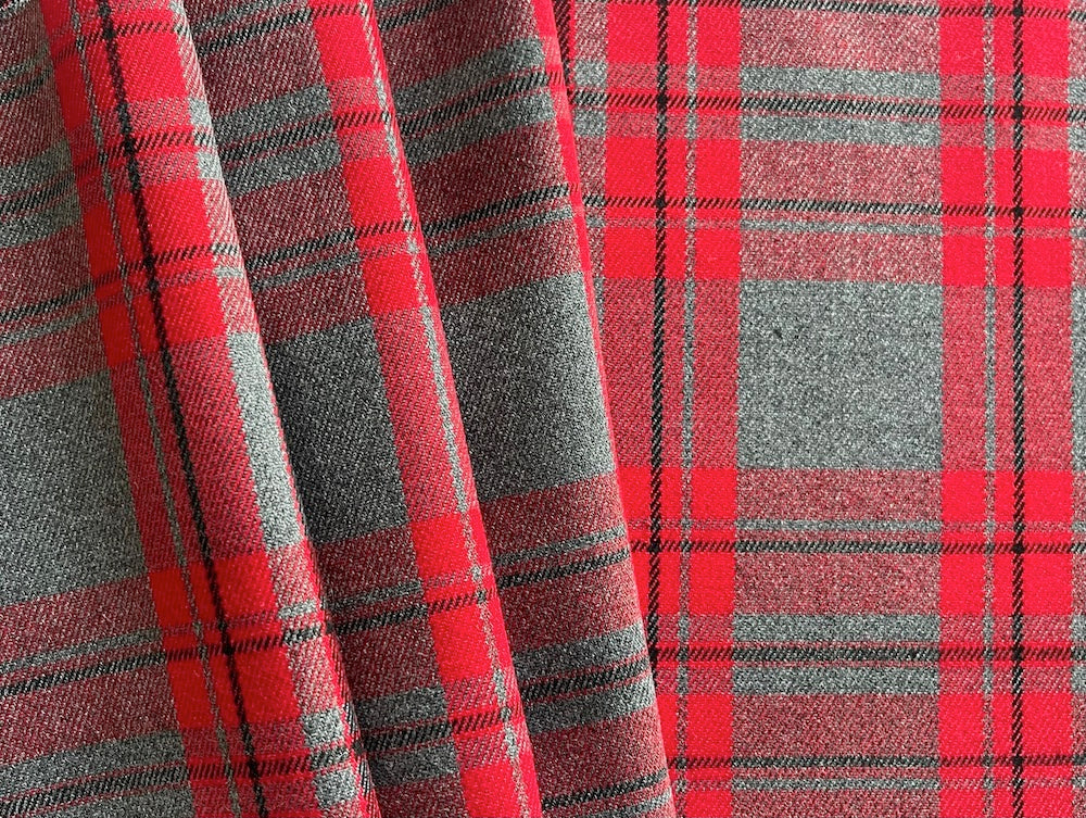 Clear Cherry, Heathered Charcoal & Soot Black Plaid Brushed Cotton (Made in Italy)