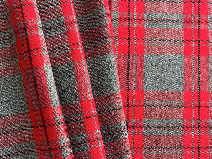 Clear Cherry, Heathered Charcoal & Soot Black Plaid Brushed Cotton (Made in Italy)