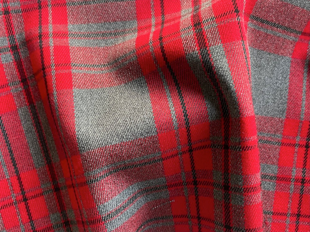 Clear Cherry, Heathered Charcoal & Soot Black Plaid Brushed Cotton (Made in Italy)