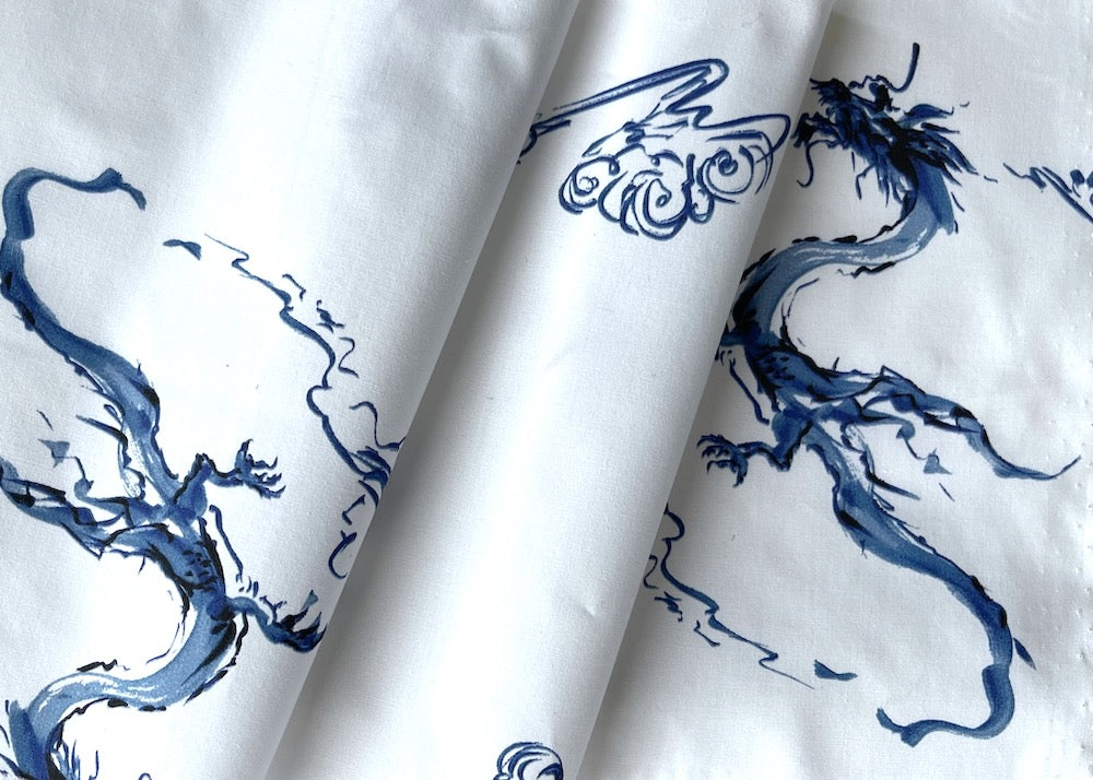 Loosely Sketched Indigo Dragons Cotton Poplin (Made in Italy)