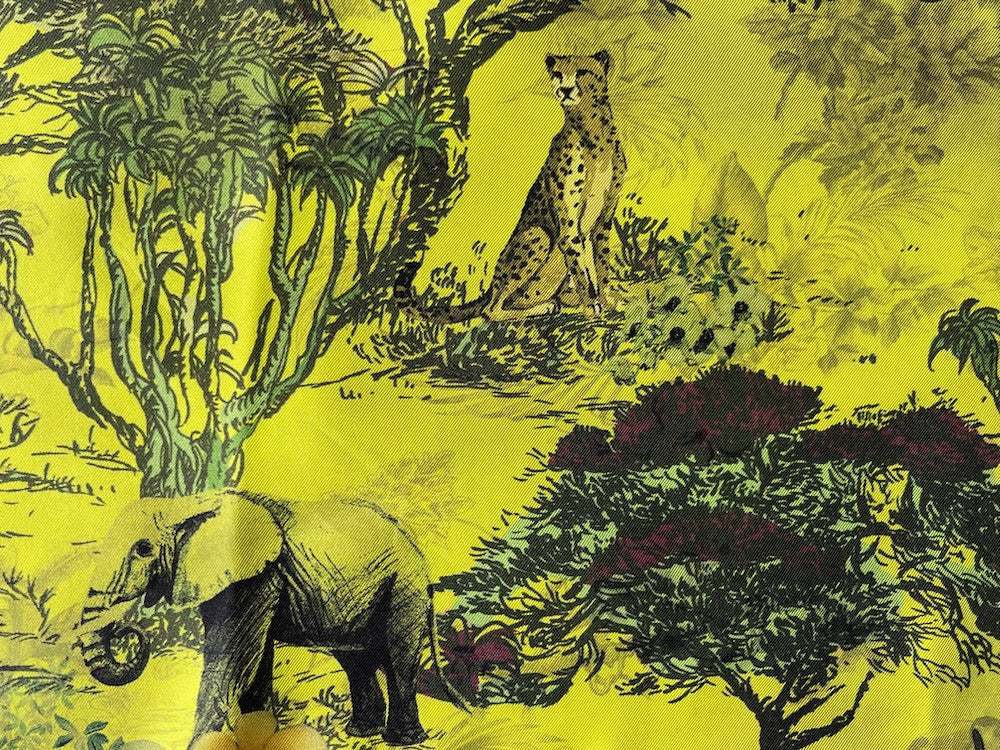 African Veld Gentle Creatures Toile on Acid Green Silk Twill (Made in Italy)