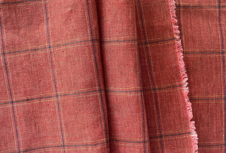 Moss & Navy on Rusted Brick Windowpane Plaid Linen (Made in Italy)