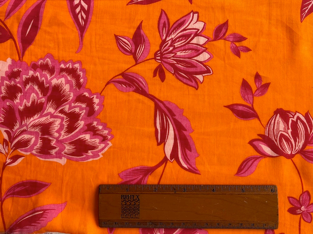 High-End Vibrant Fuchsia & Carmine Floral on Tiger Orange Cotton Voile (Made in Italy)