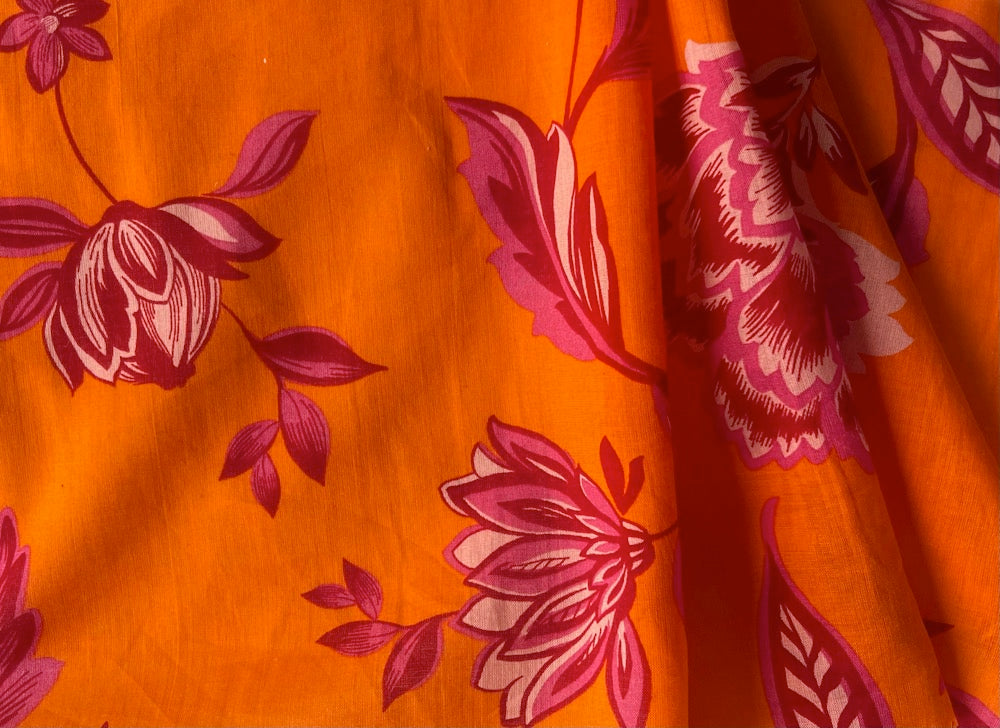 High-End Vibrant Fuchsia & Carmine Floral on Tiger Orange Cotton Voile (Made in Italy)