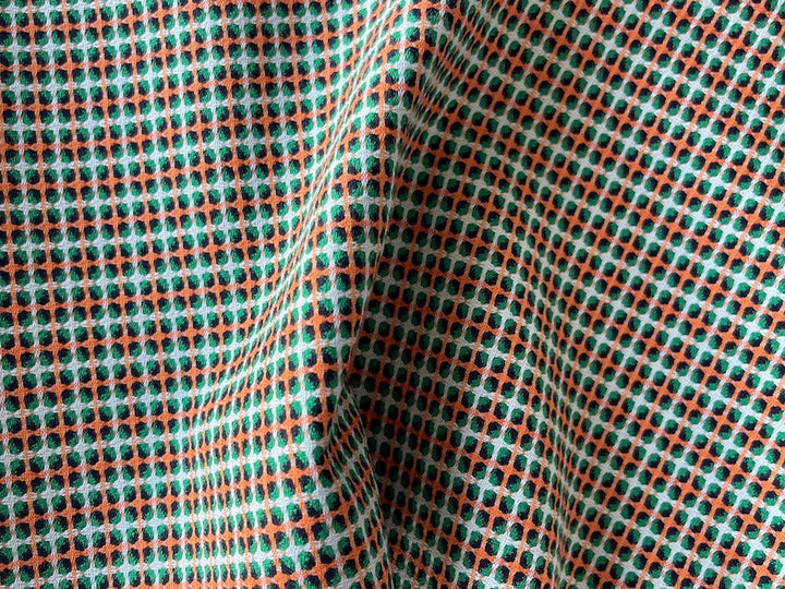 Bonotto Tangerine & Grass Green Geometric Grid Stretch Cotton (Made in Italy)