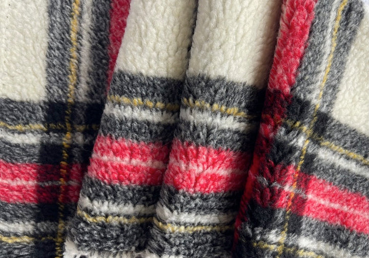 Plush Cherry, Black & Ivory Tartan Polyester Blend Sherpa (Made in Italy)