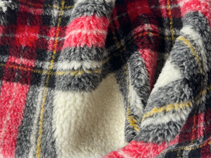 Plush Cherry, Black & Ivory Tartan Polyester Blend Sherpa (Made in Italy)