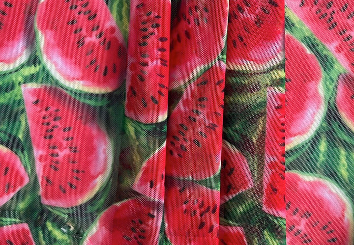 Refreshing Summery Watermelons Stretch Polyester Blend Mesh (Made in Italy)