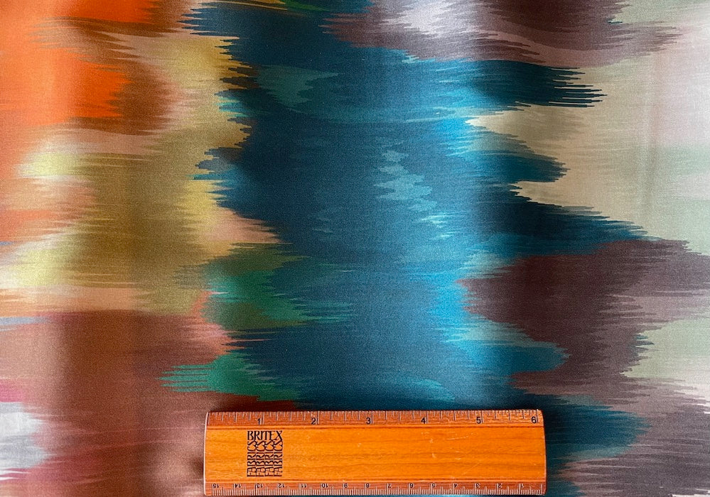 Deliriously Vibrant Turquoise, Tangerine, Citrine & Smoke Ikat Silk Satin Charmeuse (Made in Italy)