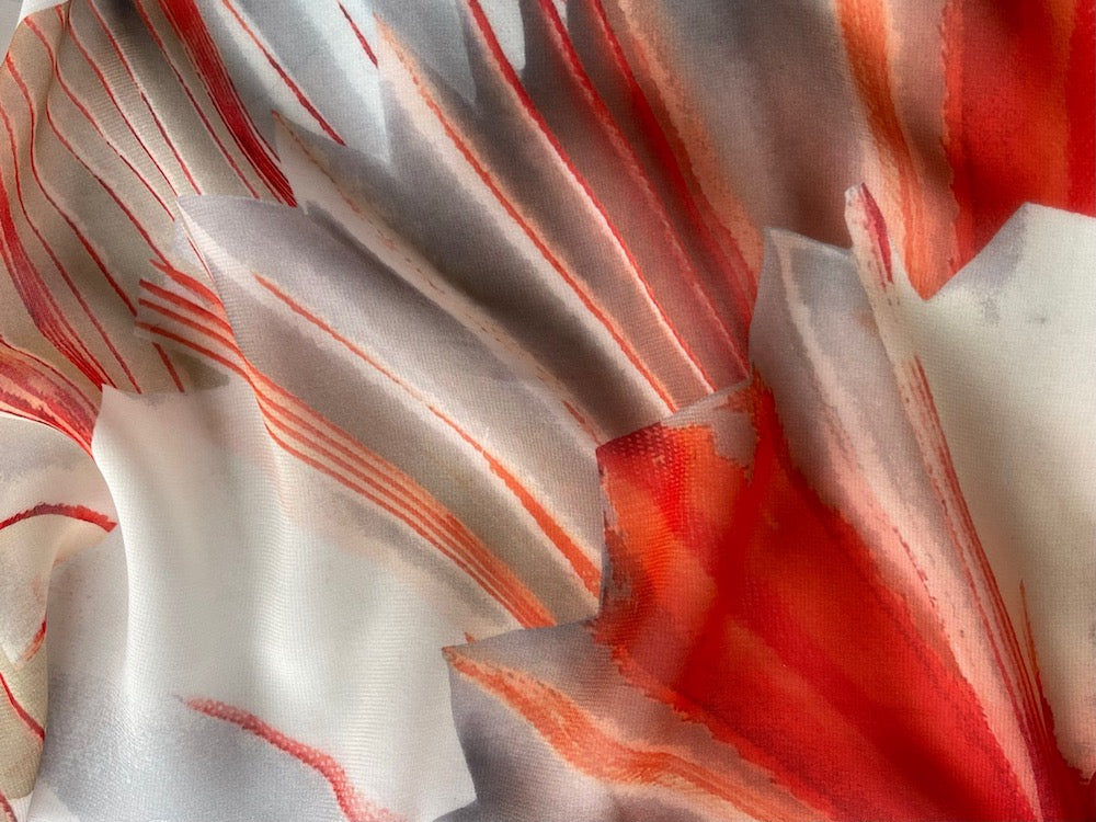 Semi-Sheer Greige & Vermilion Abstracted Spicy Starbursts Polyester Georgette (Made in Italy)