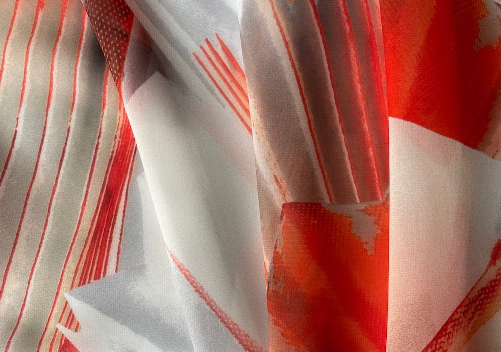 Semi-Sheer Greige & Vermilion Abstracted Spicy Starbursts Polyester Georgette (Made in Italy)