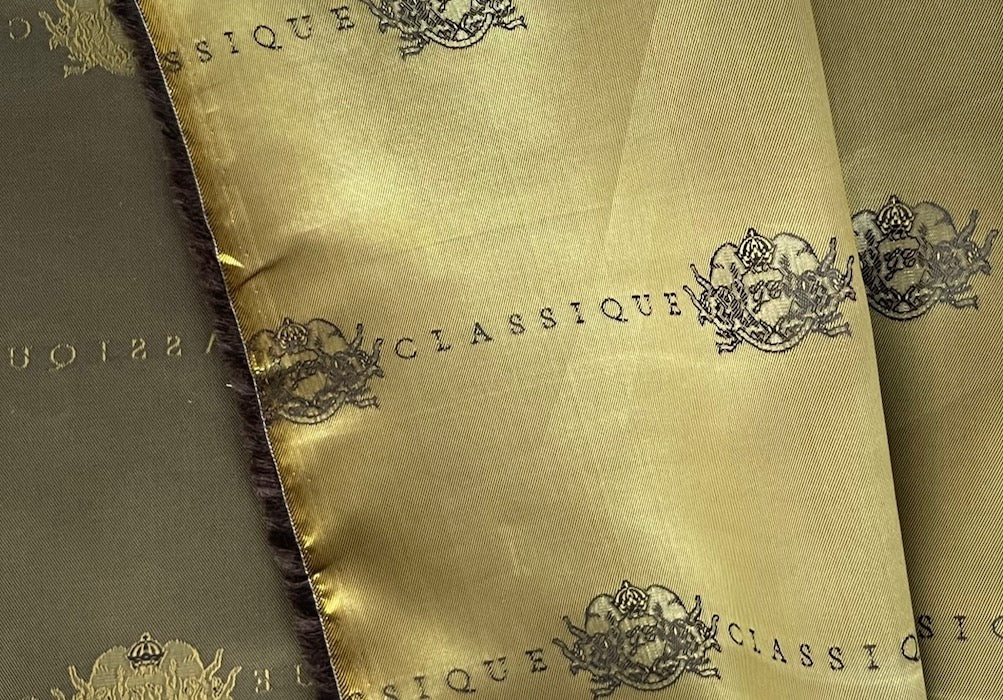 Antique Gold  Crested "CLASSIQUE" Signature Rayon Bemberg Twill Jacquard Lining (Made in Italy)