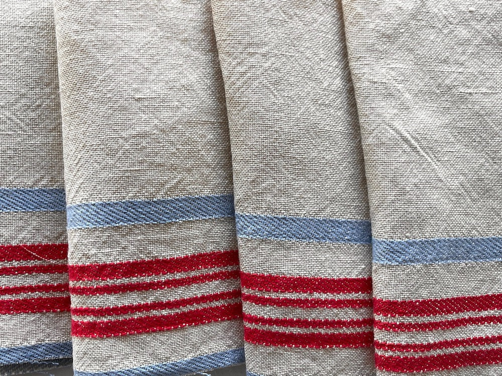 Variegated Refreshing Cherry & Sky Blue Stripes Wide Linen Toweling (Made in Italy)