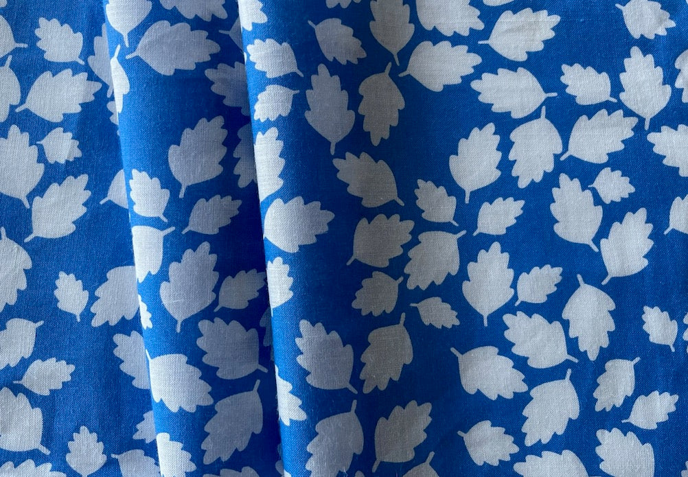 Mid-Weight White Leaf Silhouettes on Azure Linen (Made in Italy)