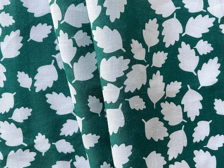 Mid-Weight White Leaf Silhouettes on Bright Spruce Linen (Made in Italy)