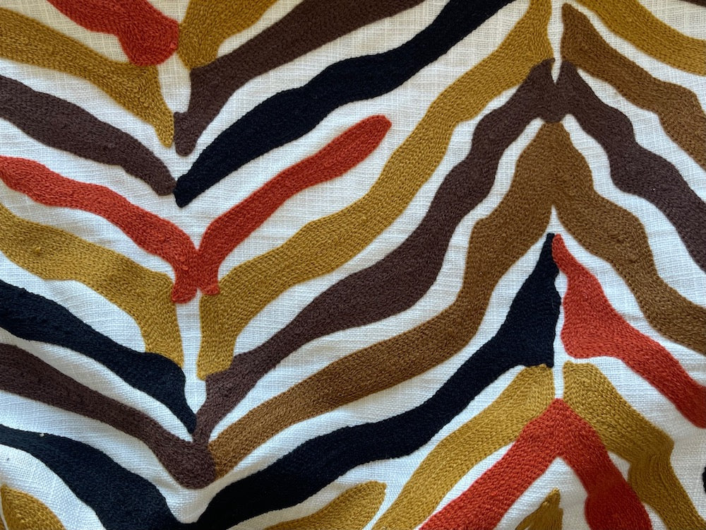 Midcentury-Inspired Embroidered Autumnal Zebra Stripes Cotton Home Decorating Fabric