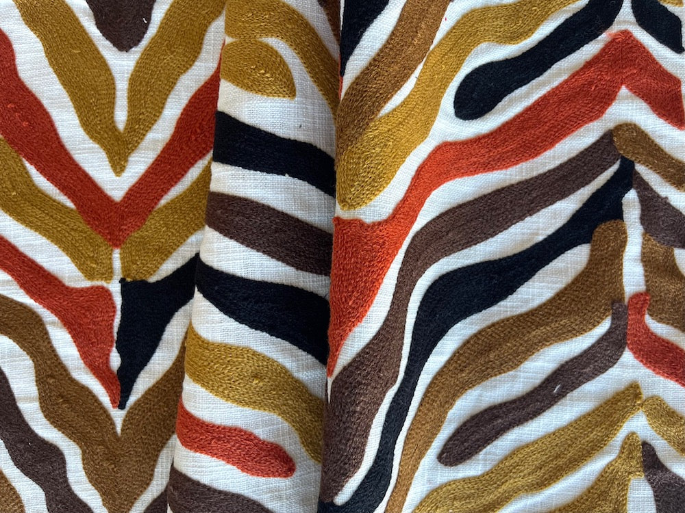 Midcentury-Inspired Embroidered Autumnal Zebra Stripes Cotton Home Decorating Fabric