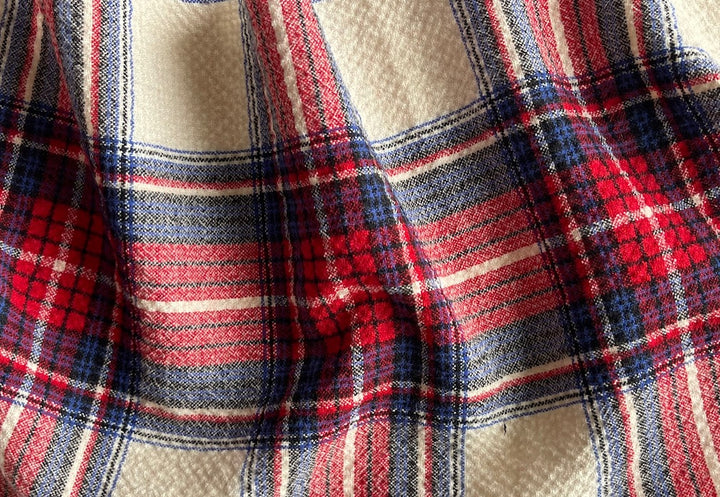 Light-Weight Cobalt, Crimson & Cream Crinkled Stretch Wool Plaid (Made in Italy)