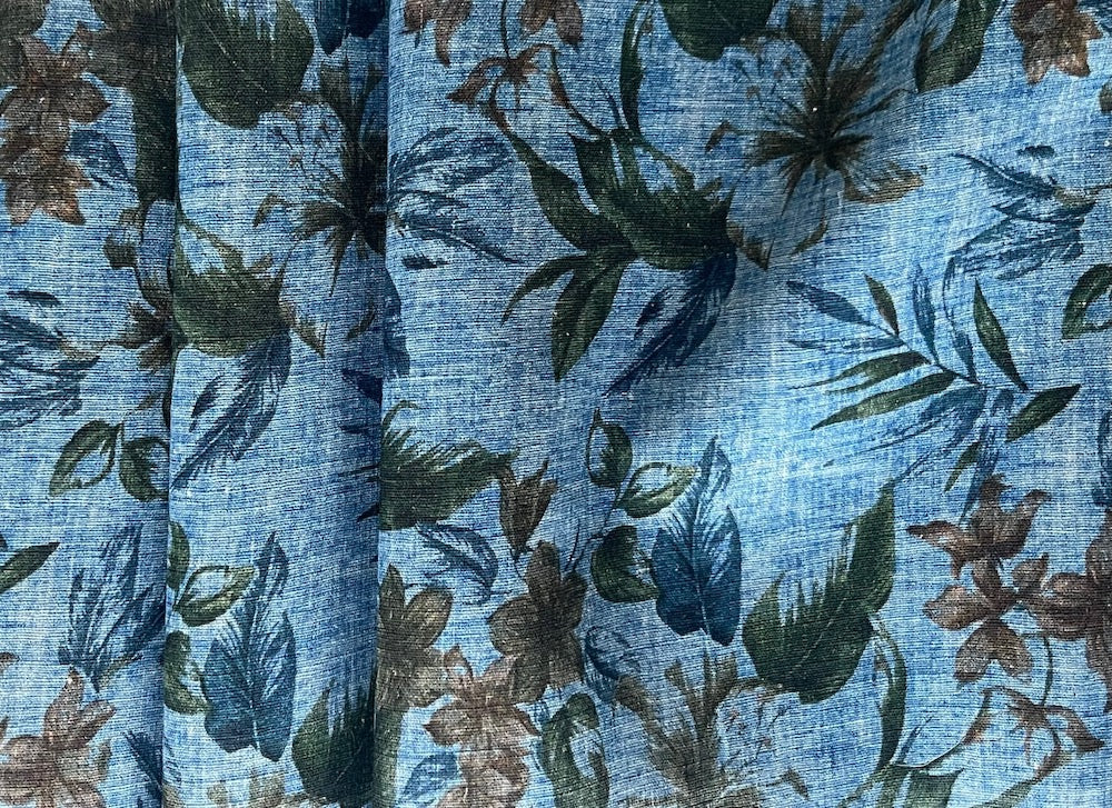 Blouse-Weight Rustic Botanical Floral on Textured Indigo Linen-Cotton Blend (Made in Italy)