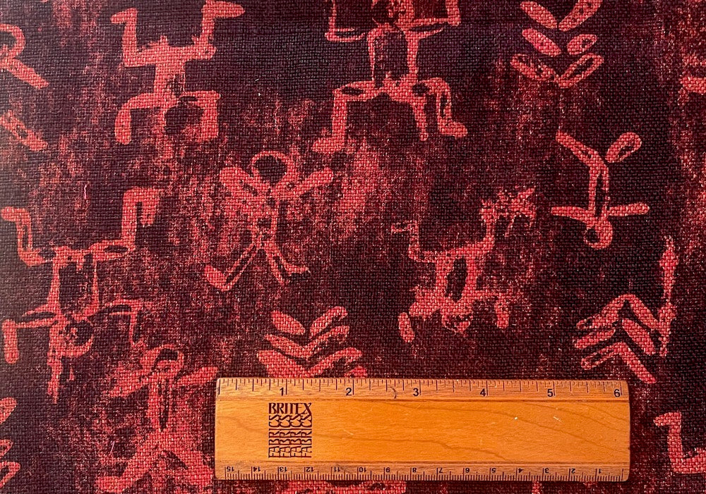 African Mudcloth-Inspired Figures Brick Red & Off-Black Linen  (Made in Italy)