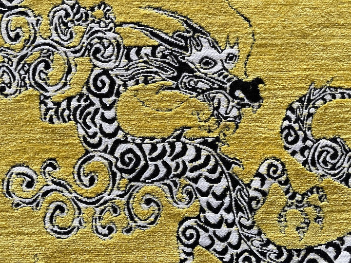 Fulsome Black & White Asian Dragons on Butterscotch Yellow Cotton Blend Upholstery Tapestry (Made in Turkey)