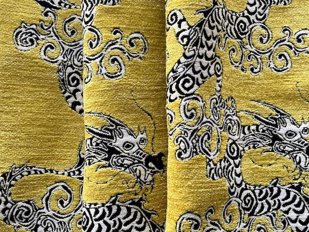 Fulsome Black & White Asian Dragons on Butterscotch Yellow Cotton Blend Upholstery Tapestry (Made in Turkey)