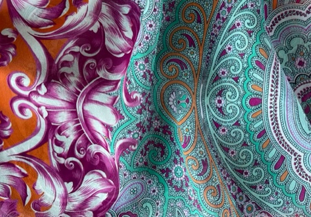 66" Panel - Ungaro Aquamarine & Fuchsia Whirling Dervish Silk Chiffon (Made in Italy)