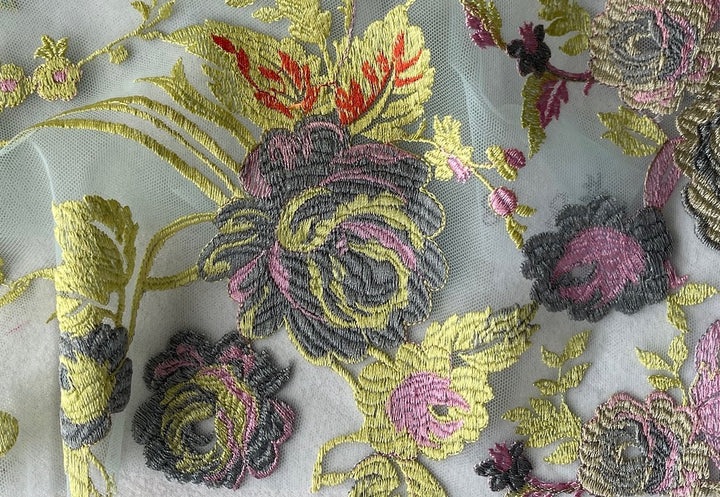 Lushly Embroidered Peonies on Pale Aqua Polyester Mesh (Made in Italy)