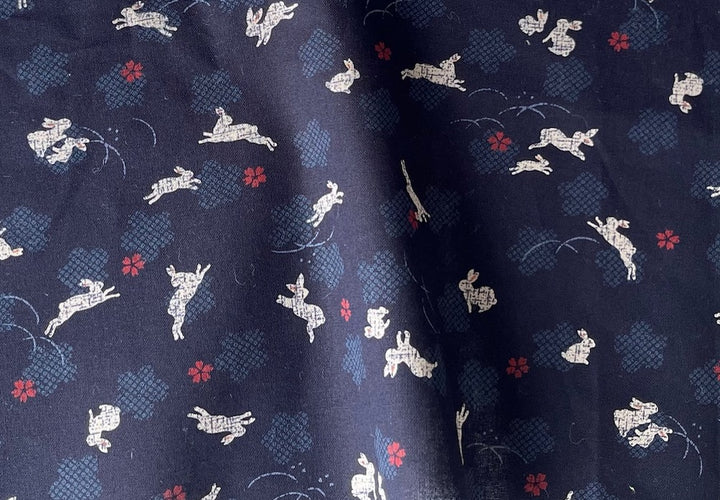 Lucky White Bunnies Indigo Quilting Cotton (Made in Japan)