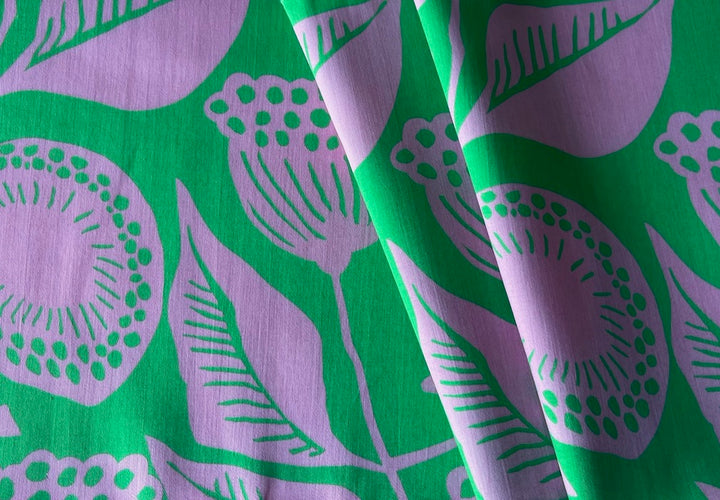 Cut Grass Green & Rose Stylized Lotus Pods Organic Cotton Sateen (Made in Italy)