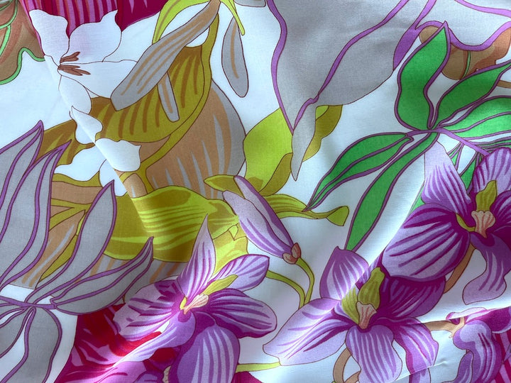 Tropical Hawaiian Orchids & Foliage Rayon Challis (Made in Italy)