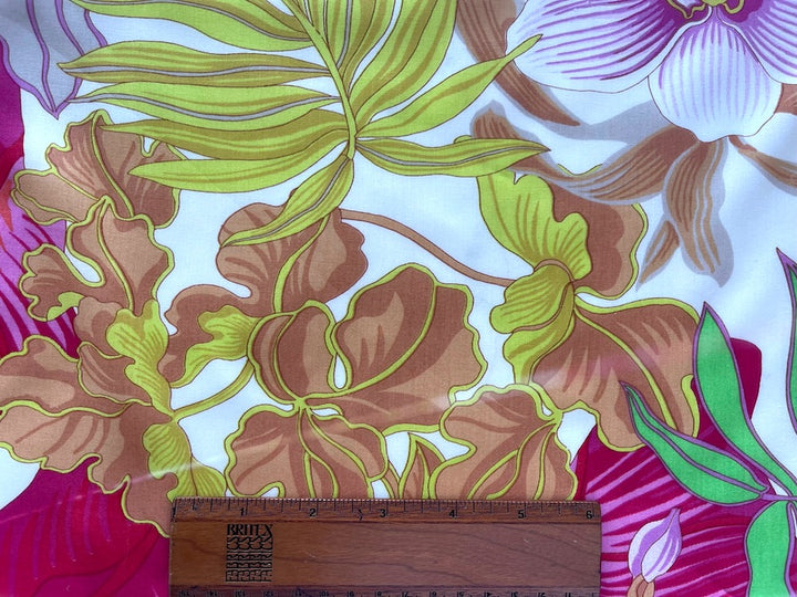 Tropical Hawaiian Orchids & Foliage Rayon Challis (Made in Italy)