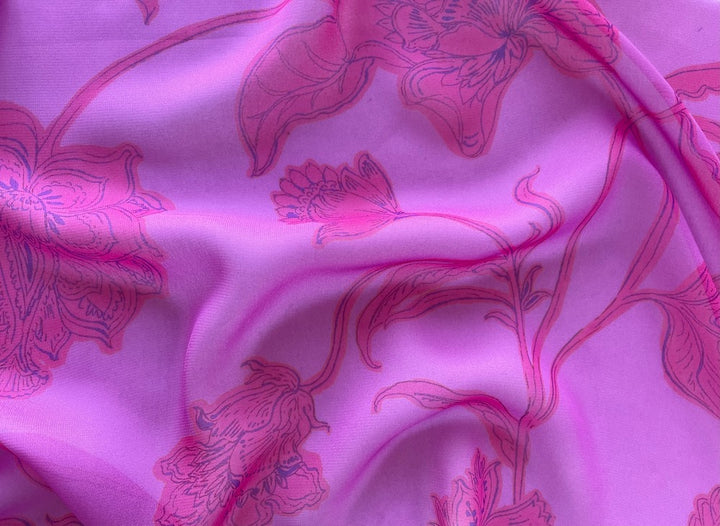 Semi-Sheer Elegant Hot Pink Arabesque Floral Rayon Georgette (Made in Italy)