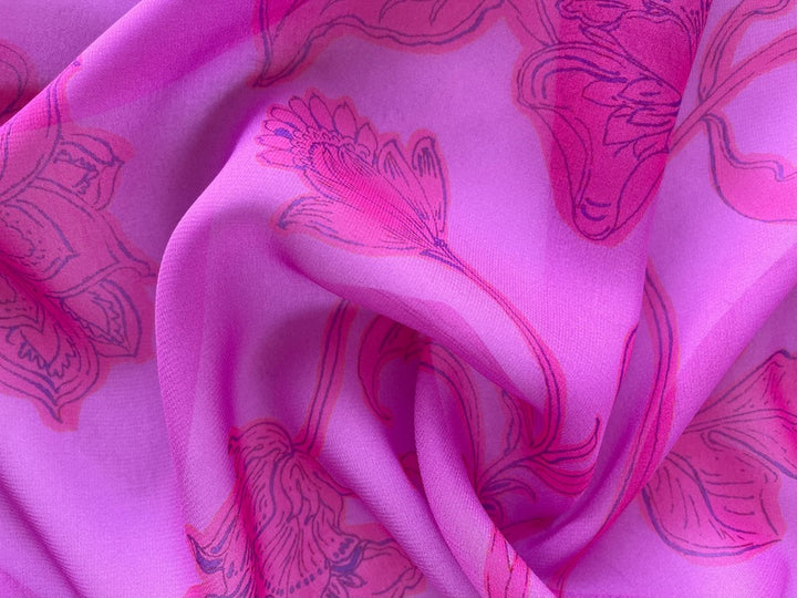 Semi-Sheer Elegant Hot Pink Arabesque Floral Rayon Georgette (Made in Italy)